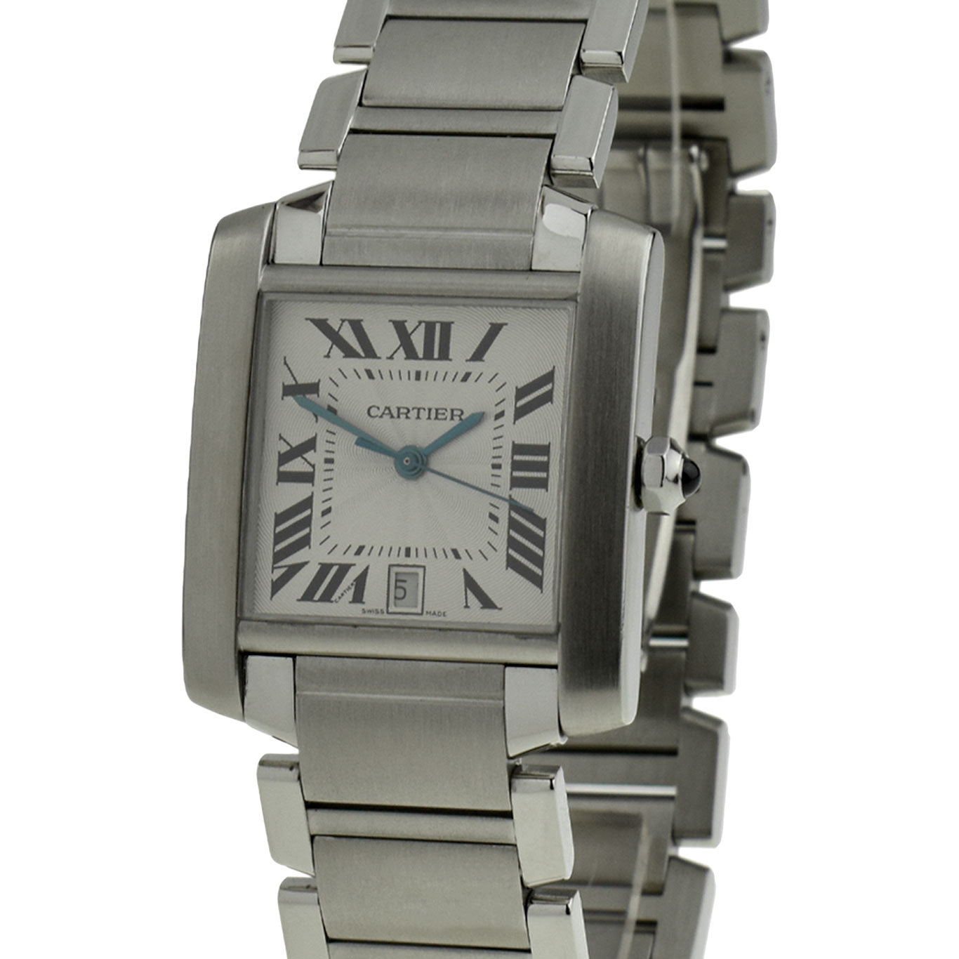cartier tank francaise square dial white face on stainless steel bracelet