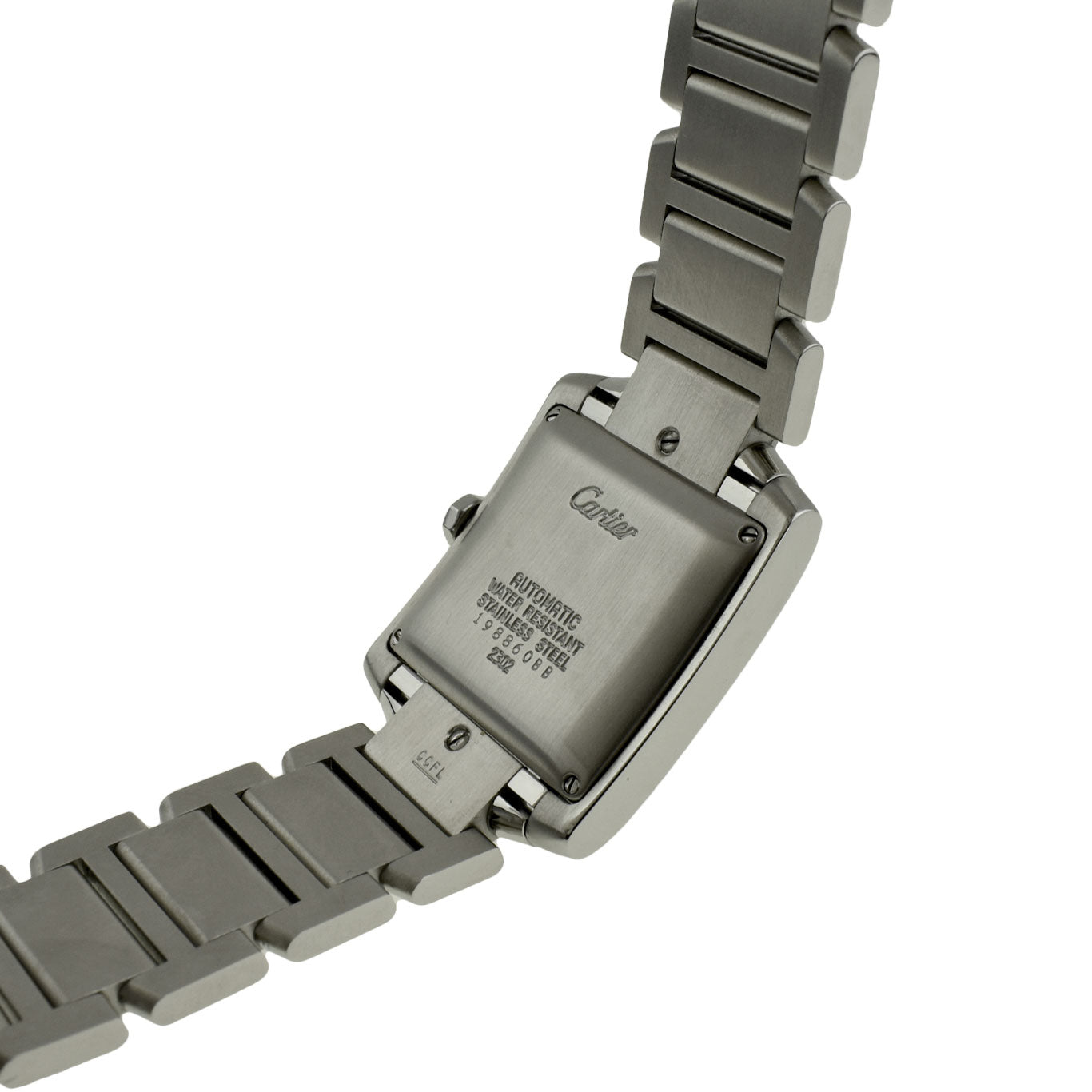 cartier tank francaise square dial white face on stainless steel bracelet case back