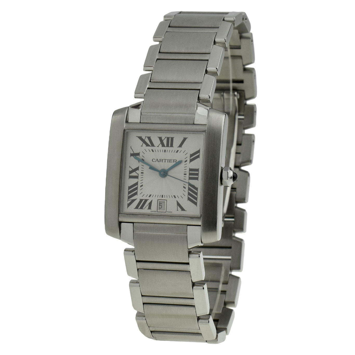 cartier tank francaise square dial white face on stainless steel bracelet