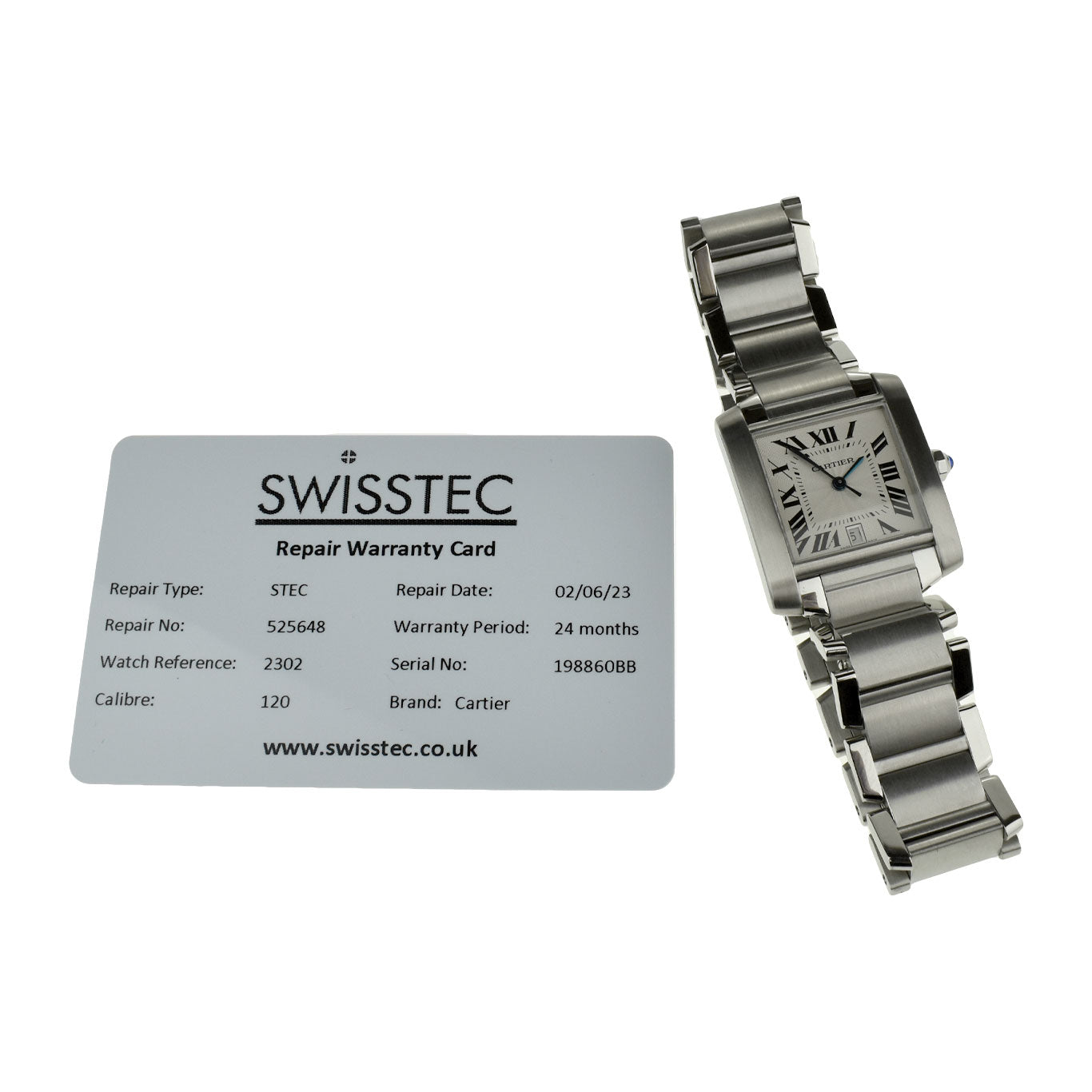 cartier tank francaise square dial white face on stainless steel bracelet with service warranty card