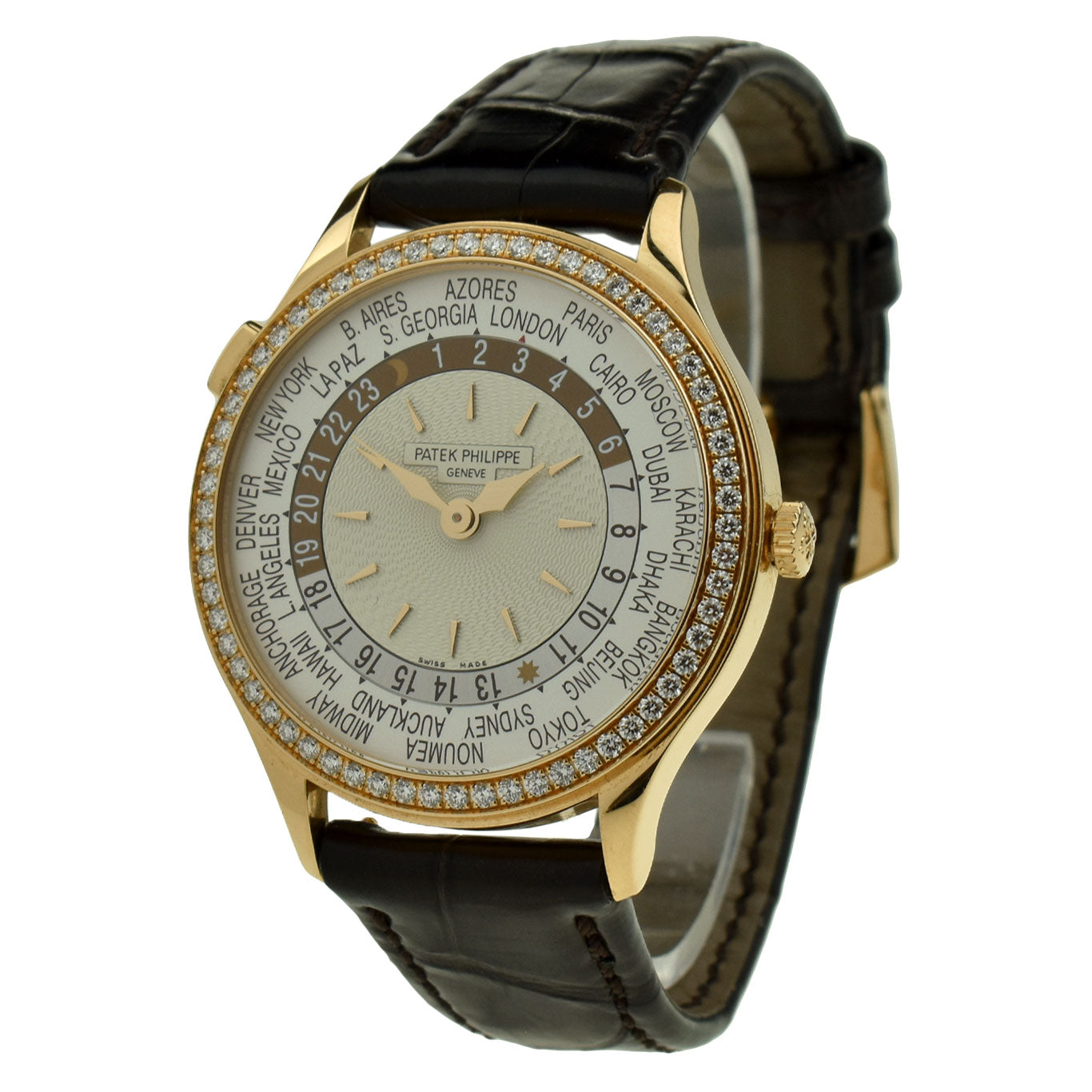 patek philippe world time 18ct gold ladies watch with diamond bezel