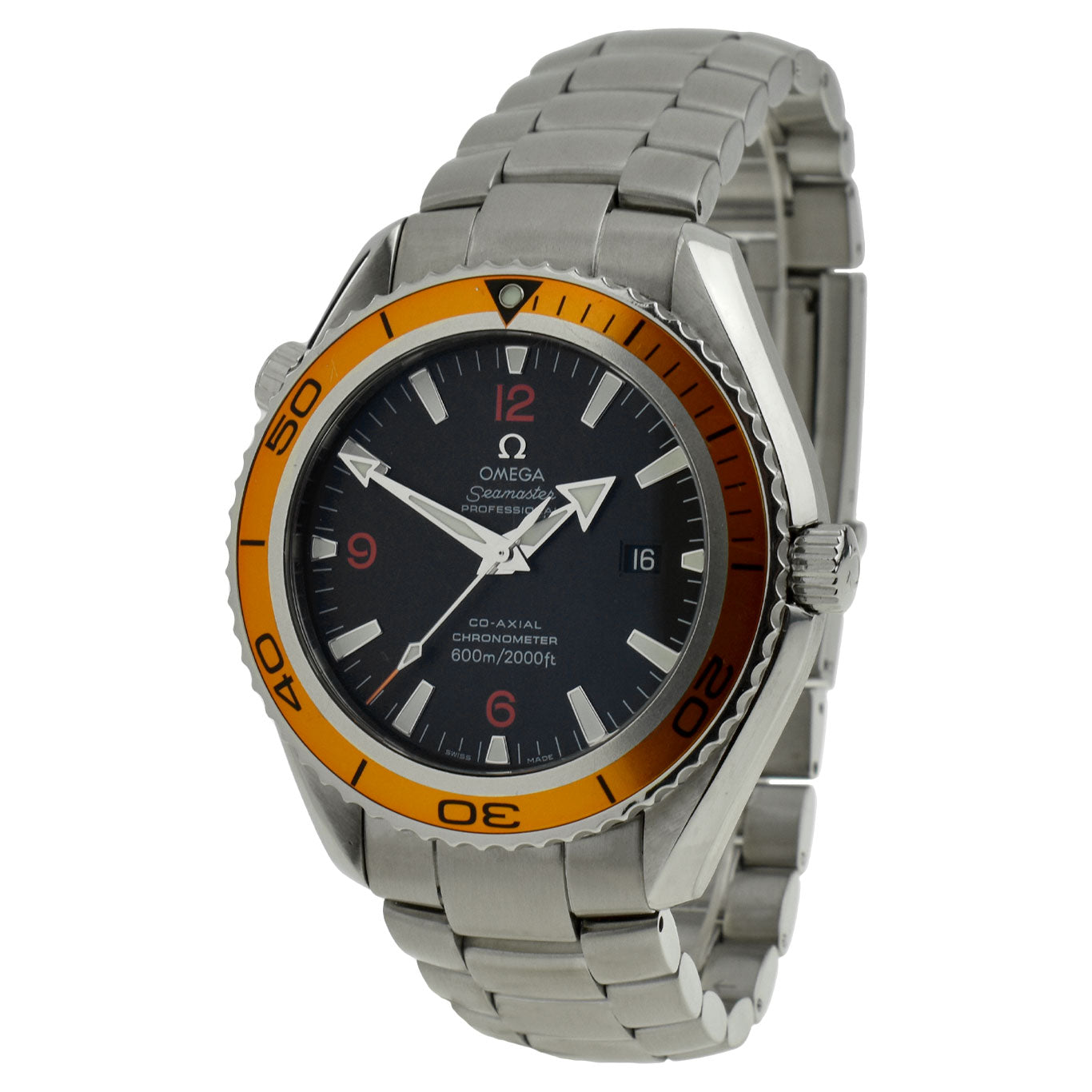 omega seamaster planet ocean gents stainless steel watch with black dial and orange bezel