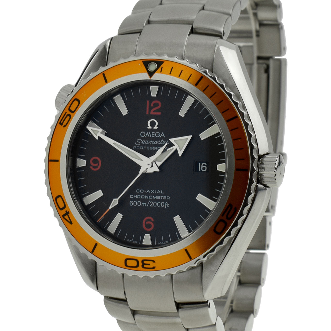 omega seamaster planet ocean gents stainless steel watch with black dial and orange bezel