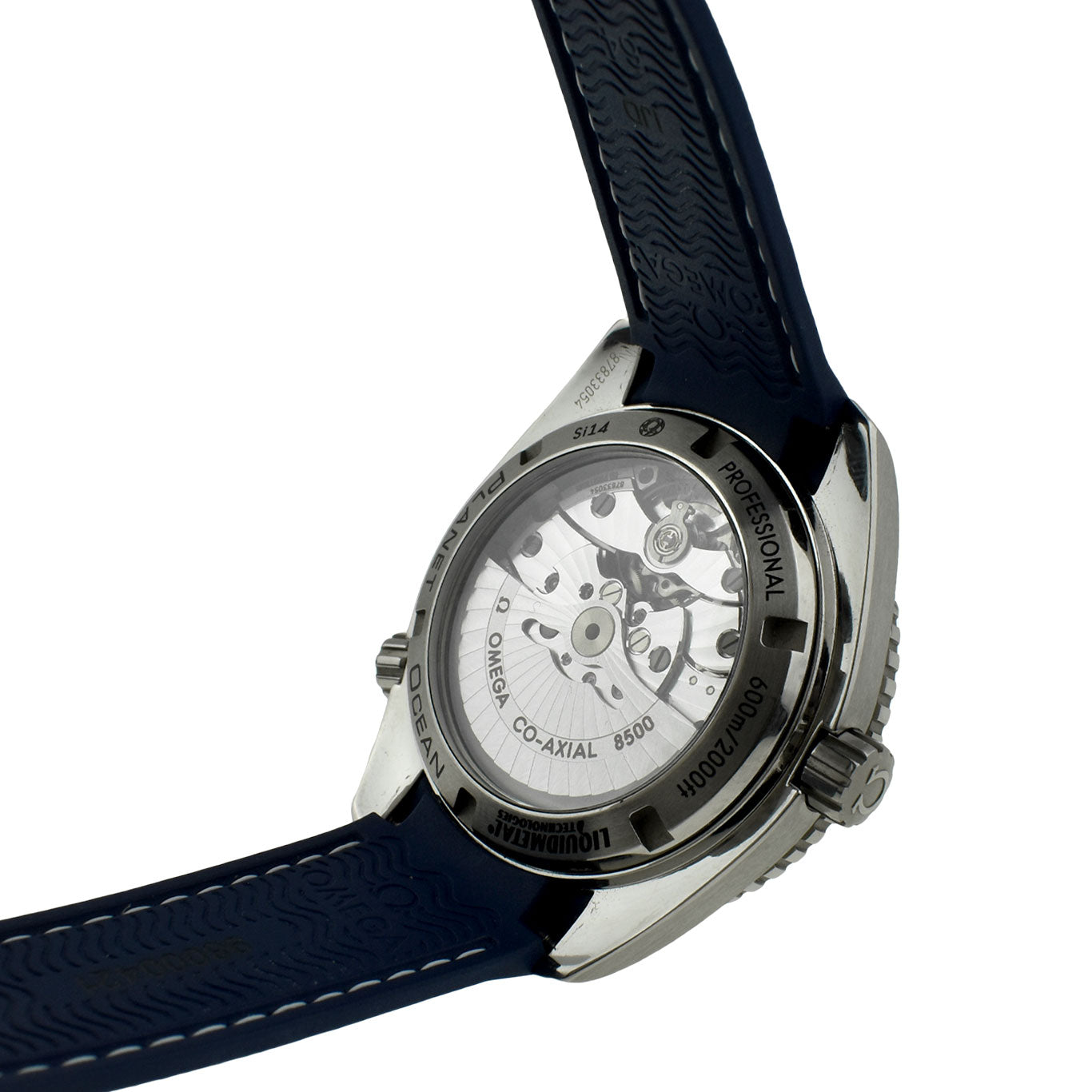 omega seamaster planet ocean gents stainless steel watch on strap with screwdown crown and glass case back exhibition