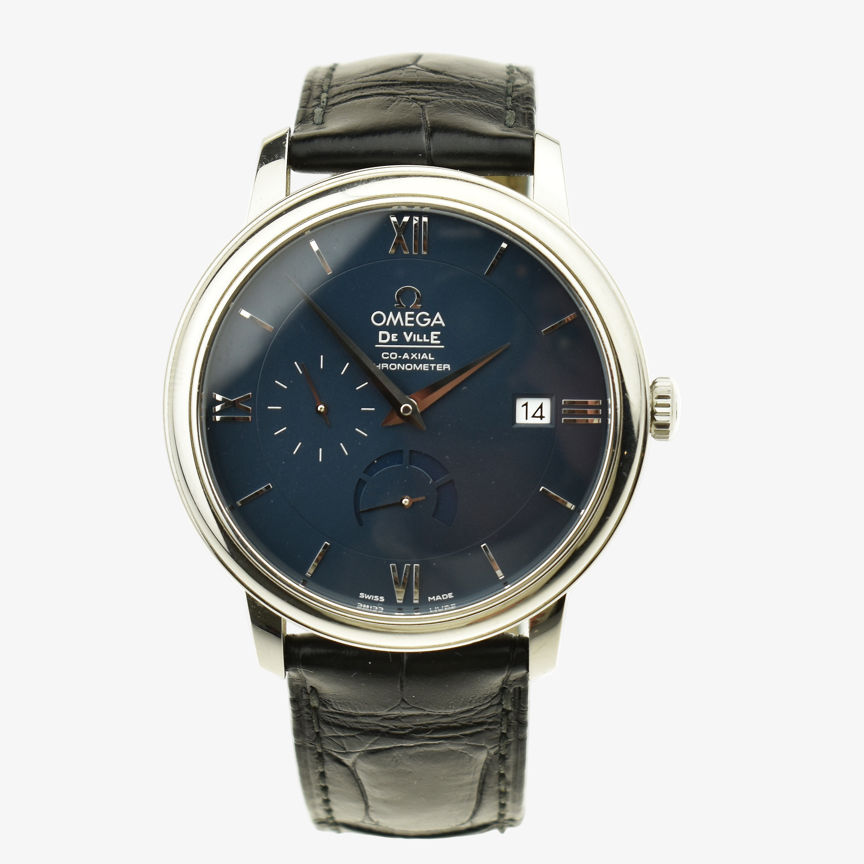 Omega watch with blue dial and black leather strap on a white background