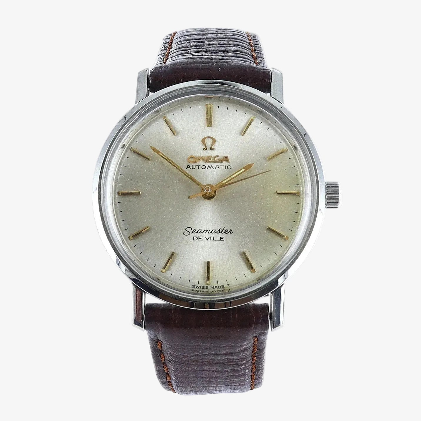 Omega Seamaster De Ville watch with brown leather strap on white background