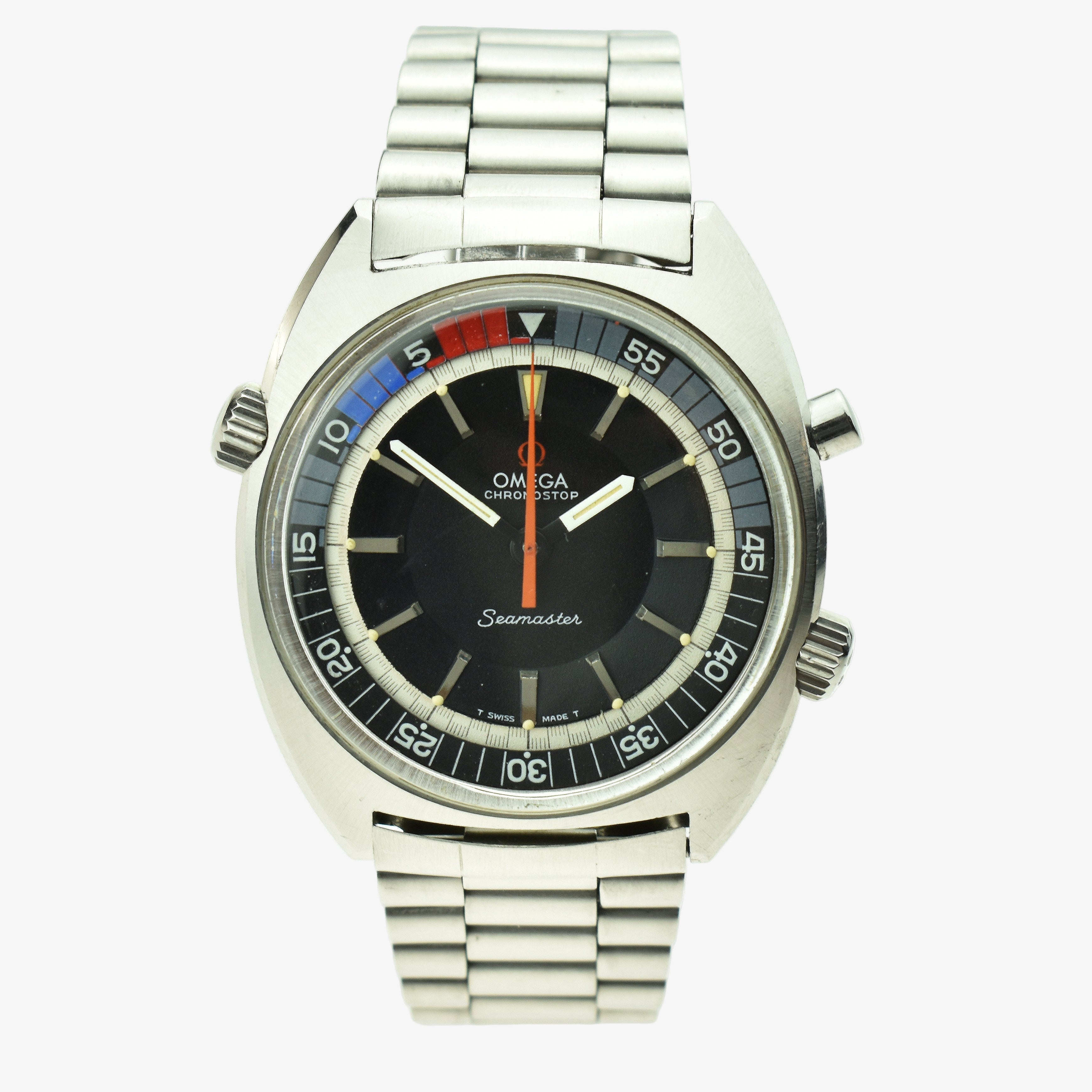 Silver Omega watch with a black dial on a white background