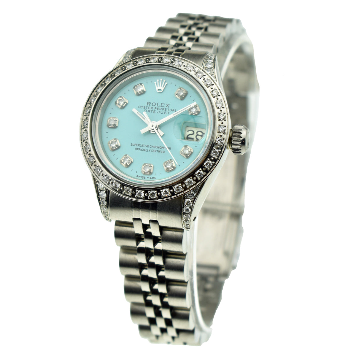Rolex Datejust Diamond Bezel & Shoulders Aquamarine Mother Of Pearl Dial