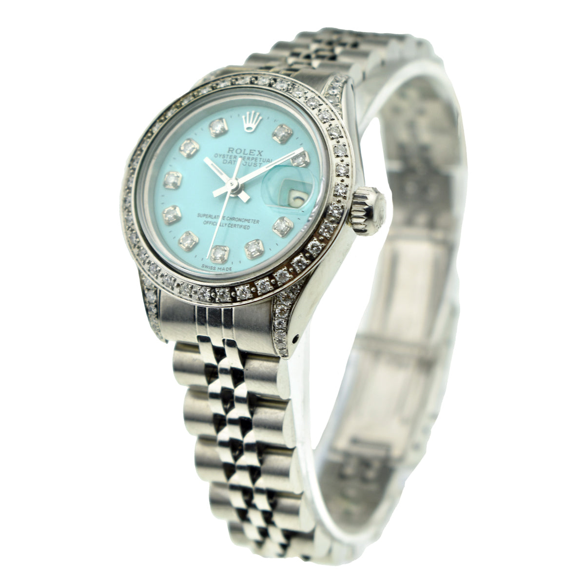 Rolex Datejust Diamond Bezel & Shoulders Aquamarine Mother Of Pearl Dial