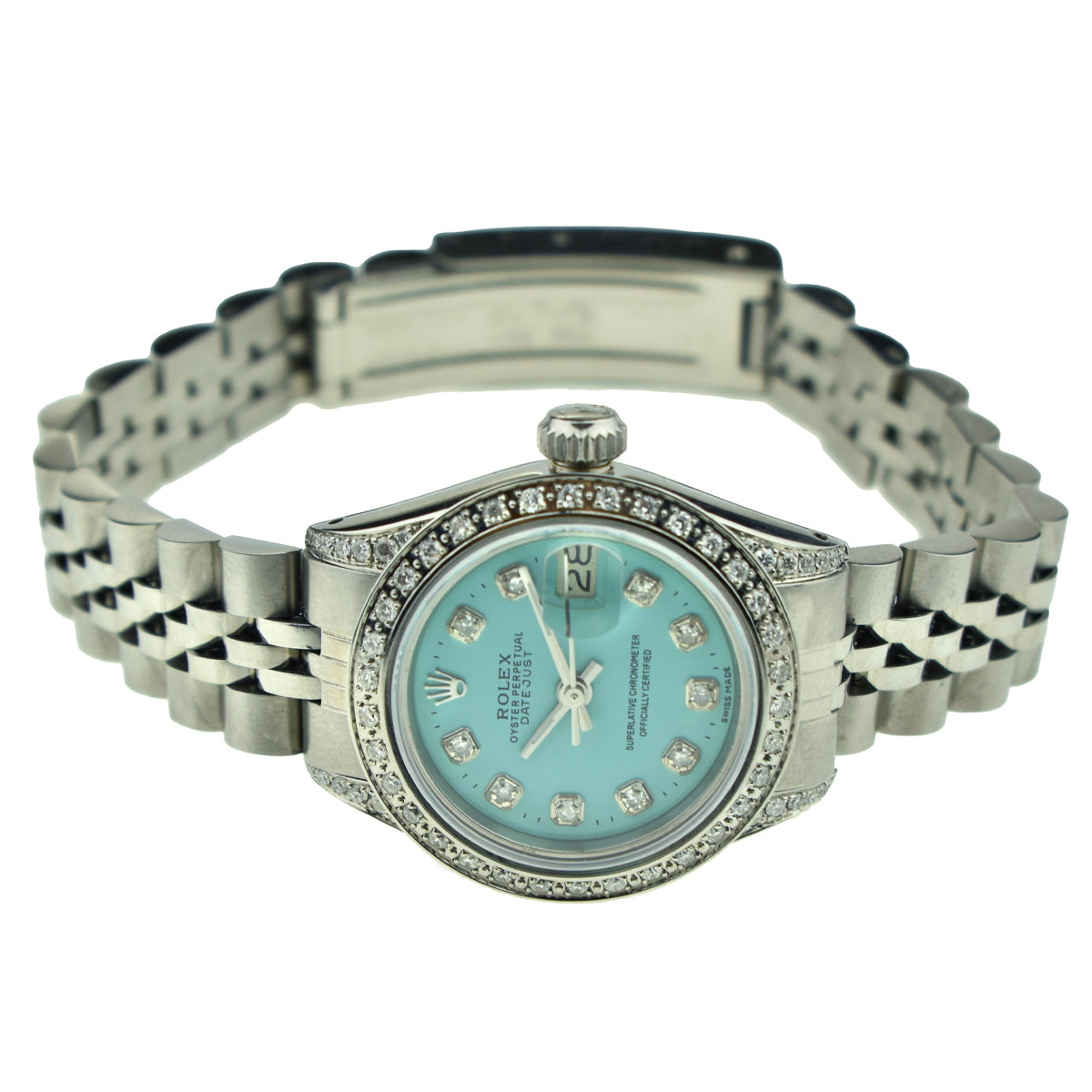 Rolex Datejust Diamond Bezel & Shoulders Aquamarine Mother Of Pearl Dial