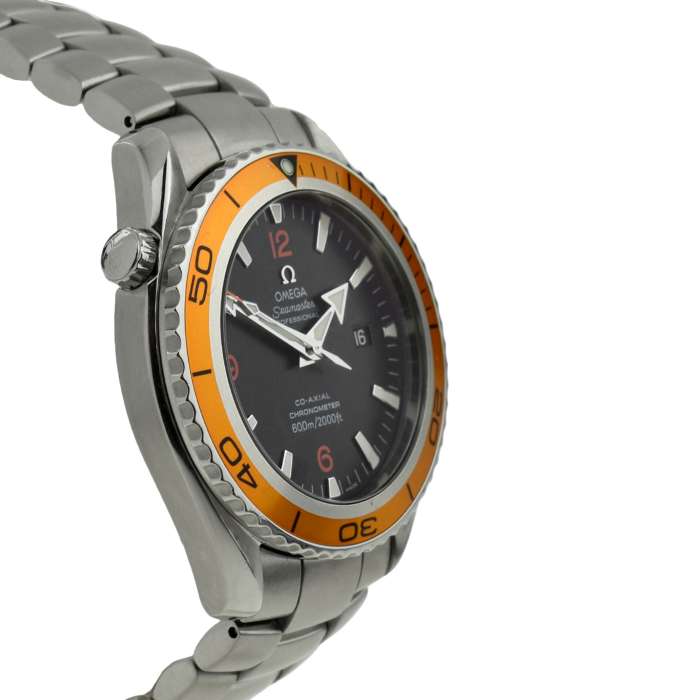 omega seamaster planet ocean gents stainless steel watch with black dial and orange bezel